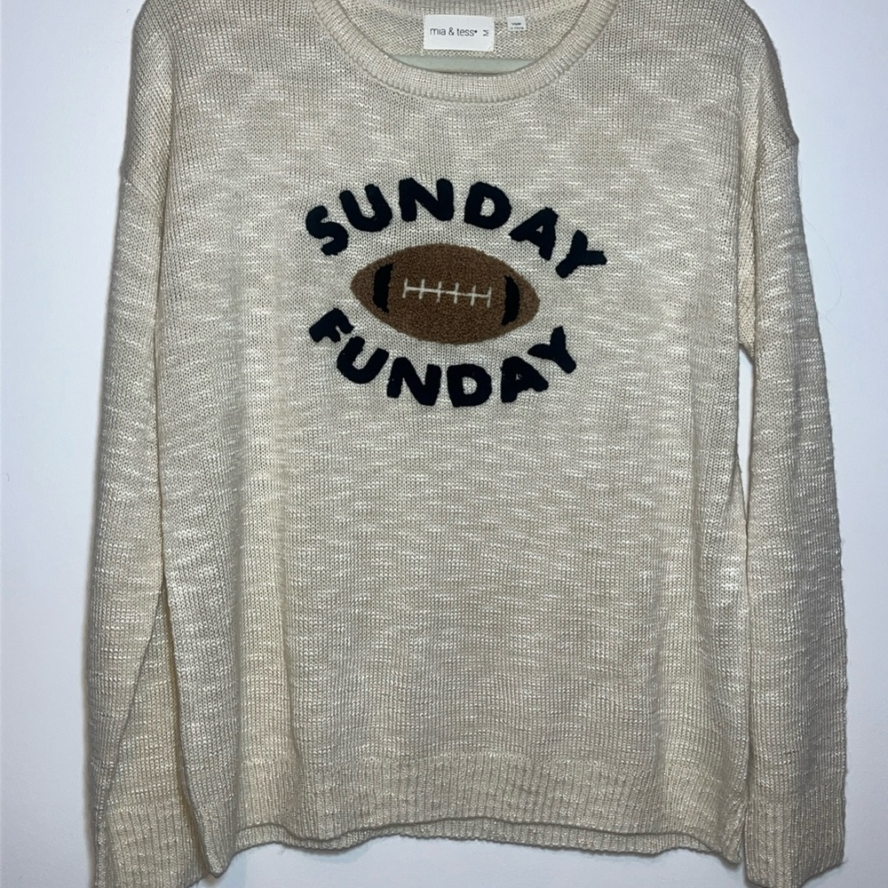 Mia & Tess Cream and Brown Crew Neck Sweater with Football Graphic Medium